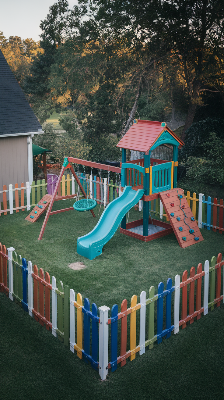 A colorful backyard play area with a playground set, swings, and a slide surrounded by a picket fence.