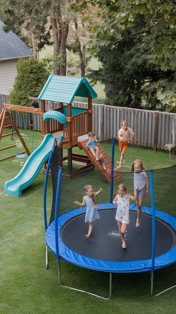 Children playing on a trampoline with a playground structure in the background.