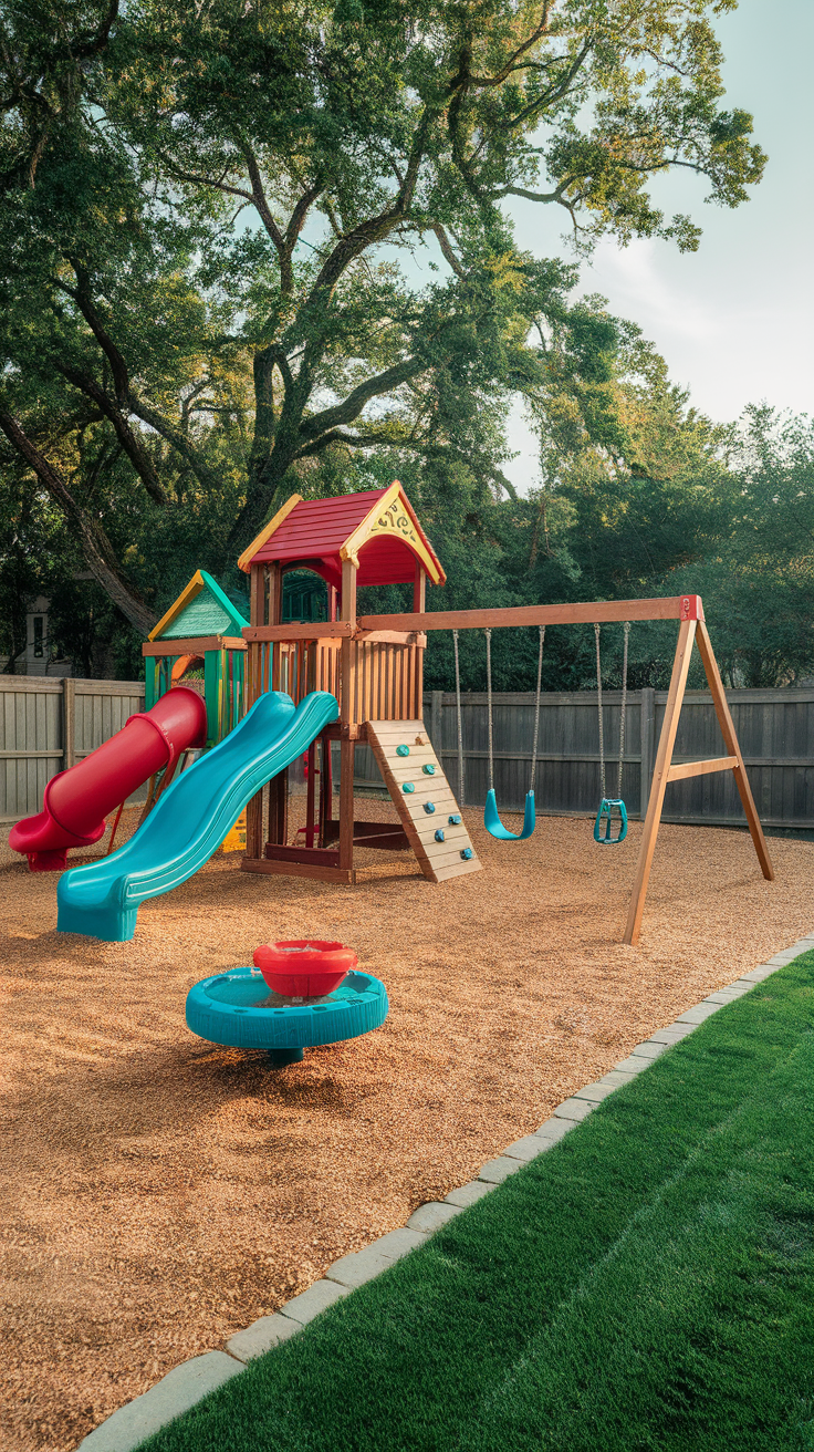 Colorful playground in a backyard with slides, swings, and climbing areas