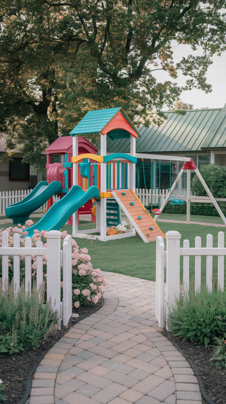 A colorful playground with slides and swings in a front yard surrounded by flowers and a white fence.