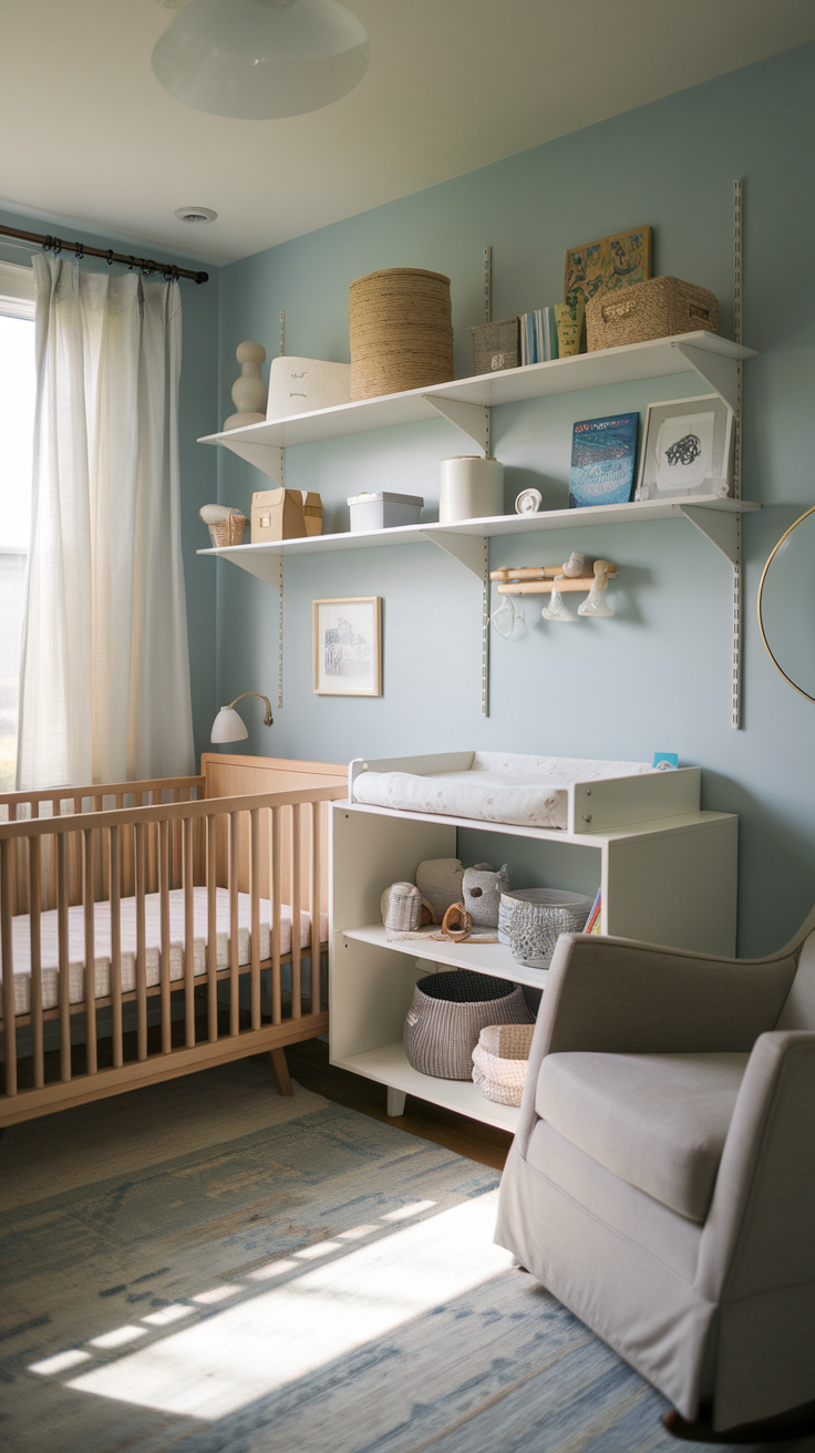 A cozy nursery with a crib, changing table, and shelves filled with decorative items.