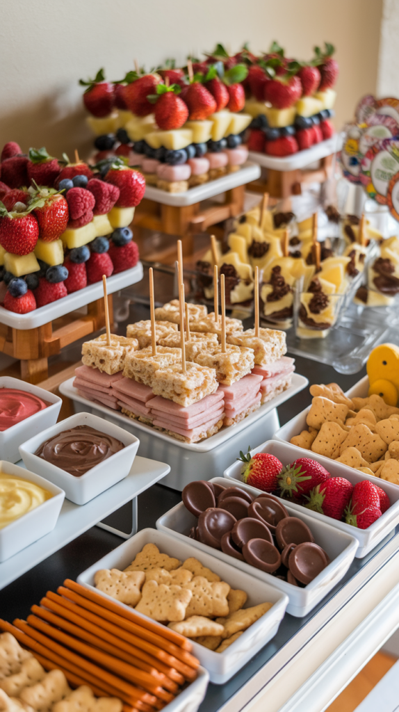 An assortment of snacks on a table, including fruit skewers, sandwich bites, dipping sauces, crackers, strawberries, and chocolate pieces.