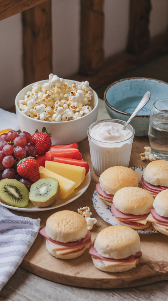 A breakfast spread featuring a bowl of popcorn, a plate of assorted fruits including grapes, strawberries, watermelon, pineapple, and kiwi, a glass of yogurt with a spoon, and a plate of small sandwiches with meat and cheese on a wooden board.