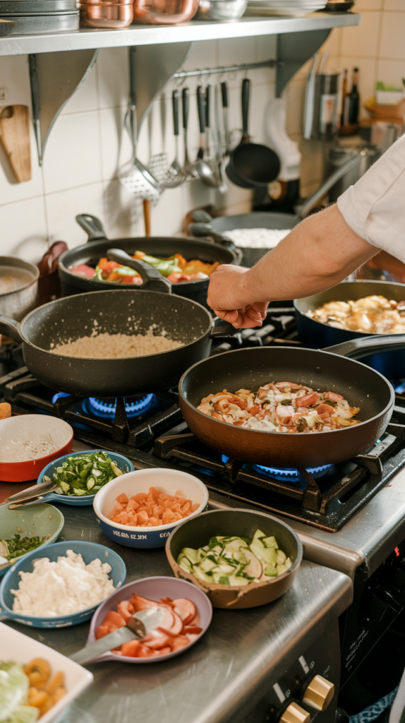 Person cooking at a stove with multiple pots, surrounded by bowls of chopped vegetables and toppings.