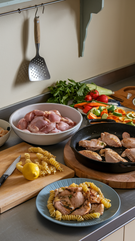 Raw chicken in a bowl, assorted vegetables, and cooked chicken in a skillet on a kitchen counter with pasta and a lemon on a cutting board.