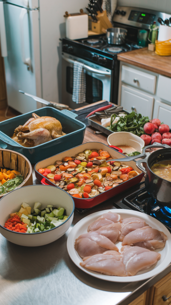 Kitchen countertop with a roasted chicken in a baking dish, sliced vegetables in another dish, a bowl of raw chicken breasts, and various fresh ingredients scattered around.