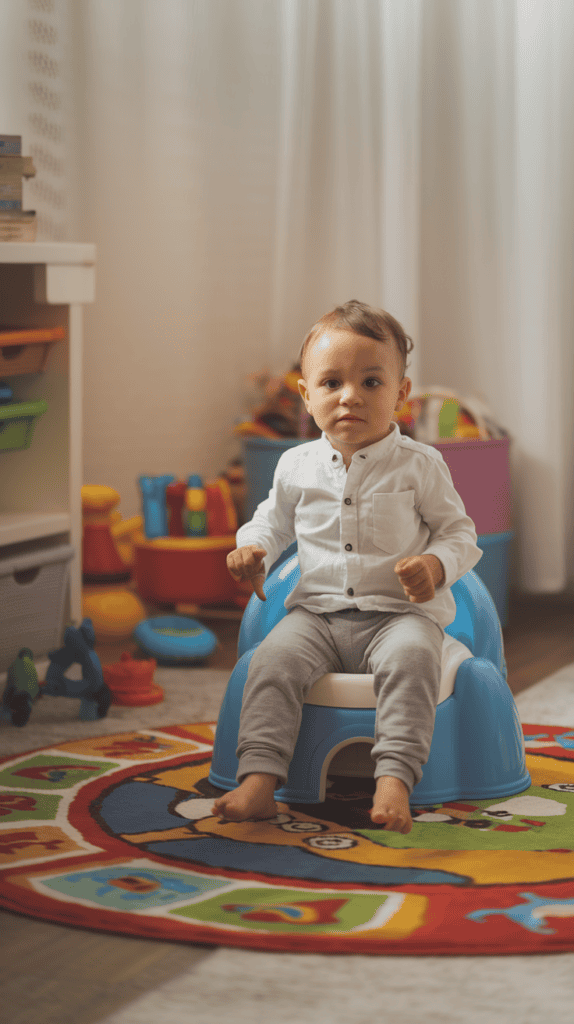Toddler sitting on a potty seat in a bright, toy-filled room.