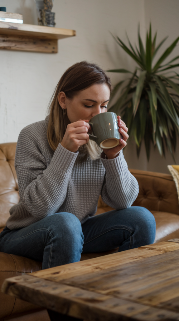 Woman sitting on a couch in a cozy room, sipping from a large mug.