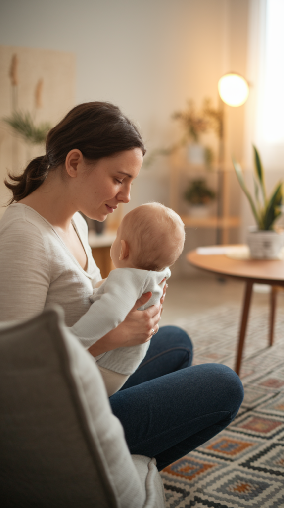A woman lovingly holds a baby on her lap in a cozy, softly lit living room.
