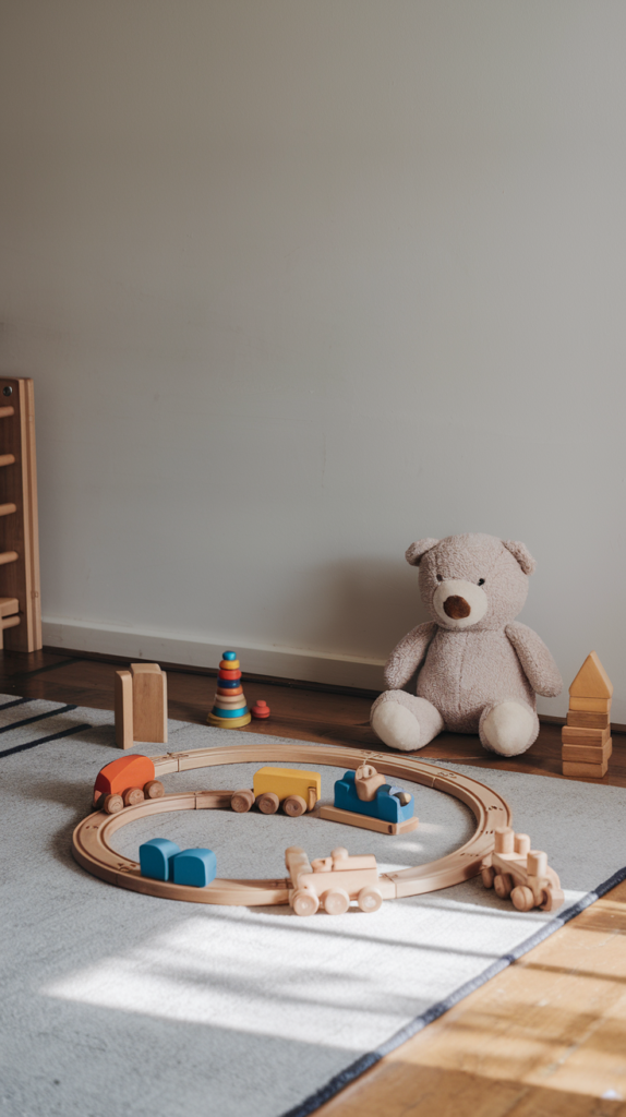 Toys arranged on a rug, including a wooden train set, colorful stacking rings, building blocks, and a large teddy bear against a plain wall.