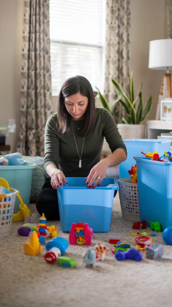 A woman organizing colorful toys into blue storage bins in a room with patterned curtains and a potted plant.