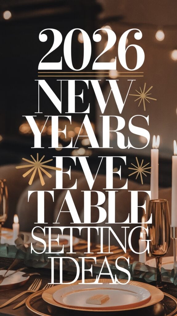 Overlay text reads "2026 New Years Eve Table Setting Ideas" on an image of an elegantly set table with plates, cutlery, candles, and a glass in a dimly lit setting.