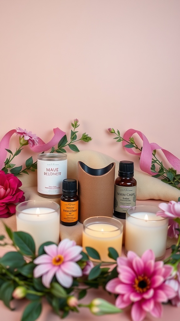 A collection of scented candles, essential oils, and a diffuser surrounded by pink flowers and greenery on a soft pink background.