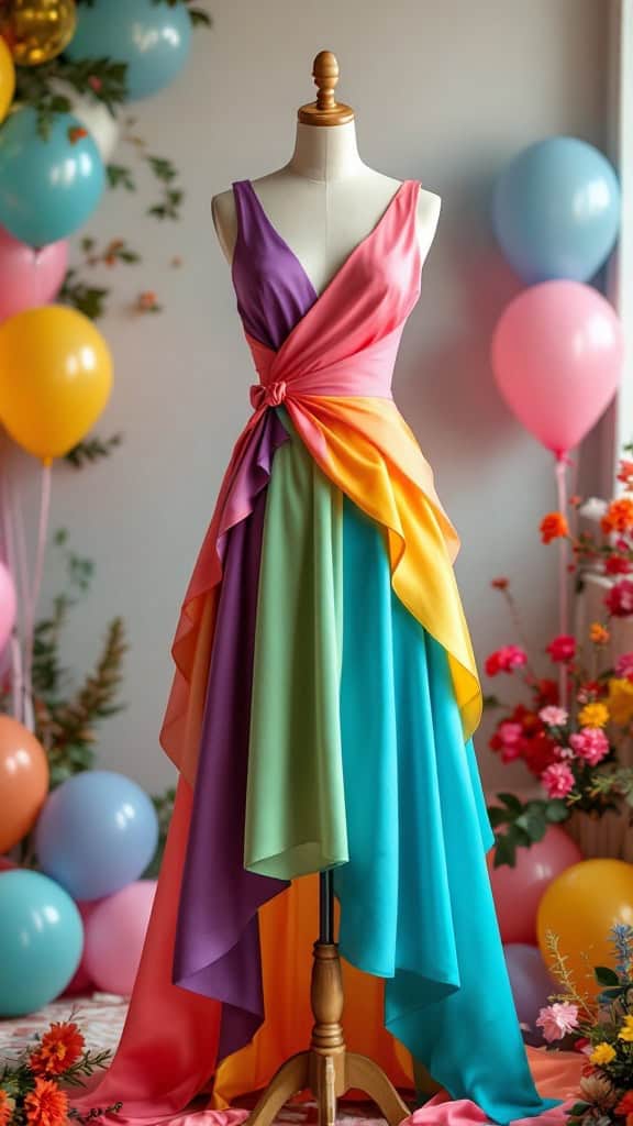 A colorful asymmetrical dress displayed on a mannequin, surrounded by balloons and flowers.