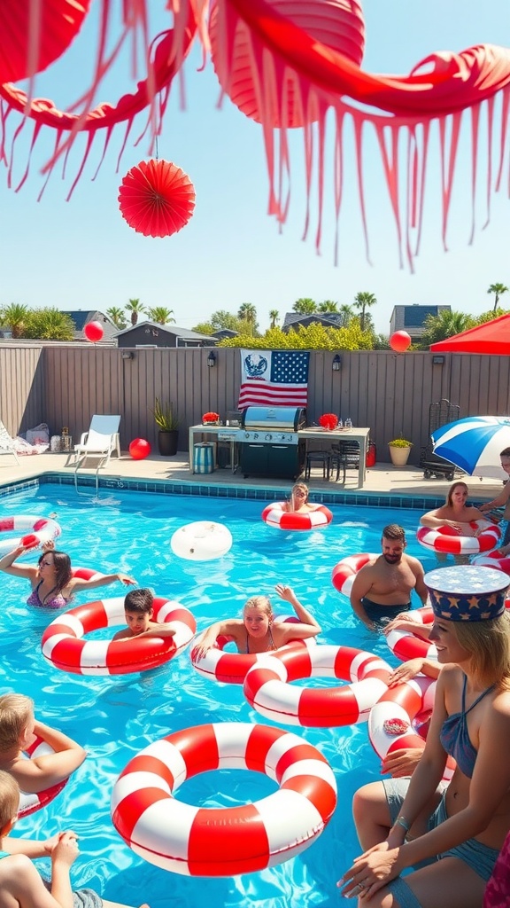 A vibrant pool party with people enjoying colorful floats and festive decorations.