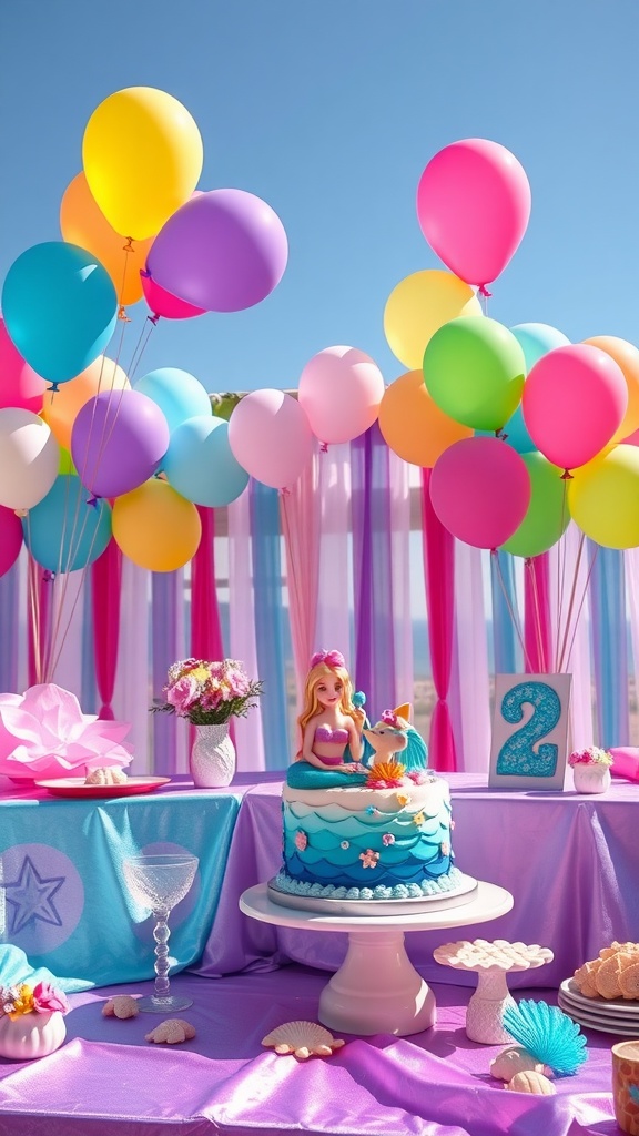 Decorations for a mermaid birthday party with colorful balloons and a themed cake.