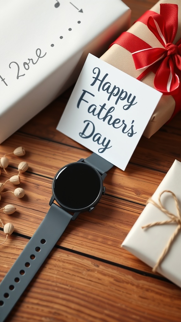 A smartwatch next to a 'Happy Father's Day' card and gift boxes on a wooden surface.