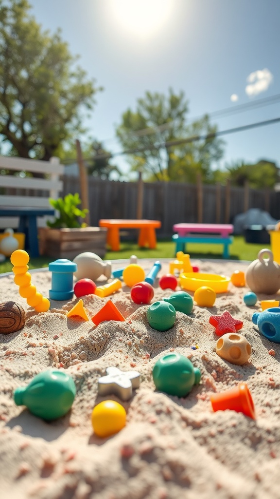 Colorful toys scattered on a sandy surface under a bright sun.