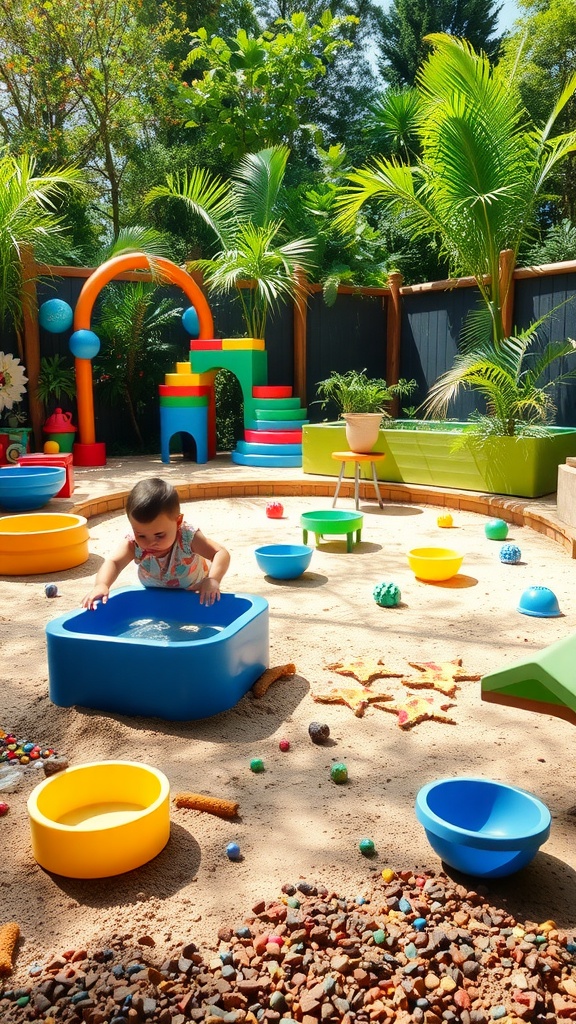 A toddler engaged in sensory play in a colorful outdoor area with various sensory materials.
