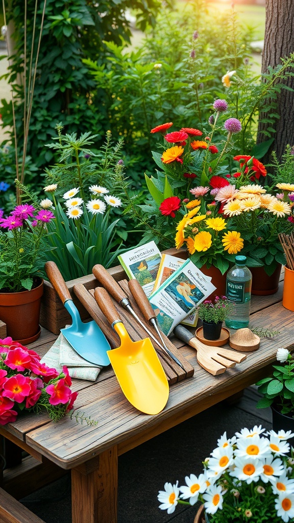 A collection of gardening tools and flower pots with blooming flowers.
