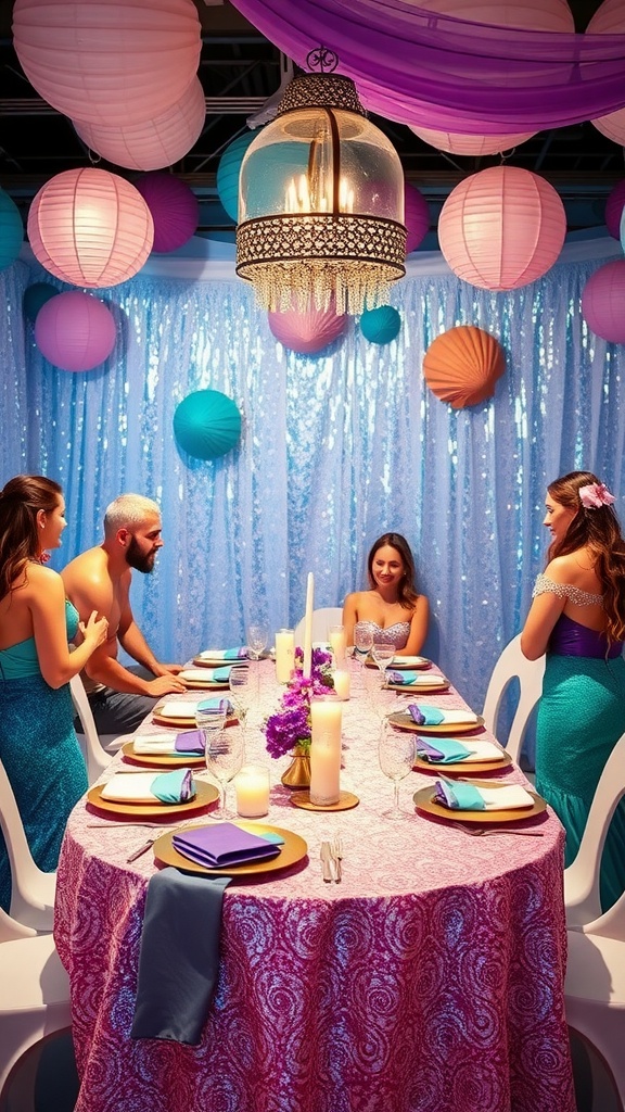 A beautifully decorated table for a mermaid-themed birthday party with guests enjoying the setting.
