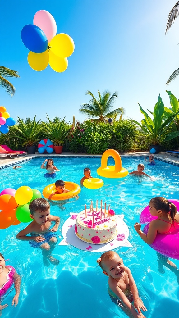 Kids enjoying a colorful pool party with decorations and a birthday cake