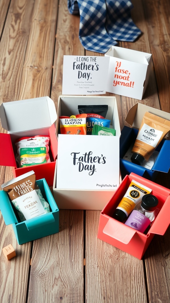 A variety of colorful subscription boxes filled with snacks and grooming products for Father's Day.