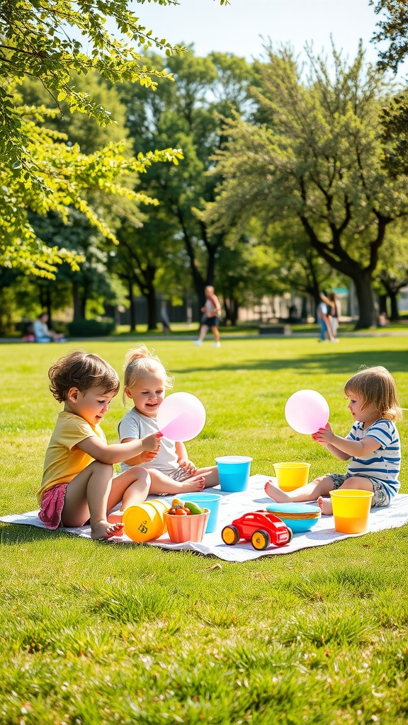Toddlers playing with colorful toys on a picnic blanket in a sunny park.