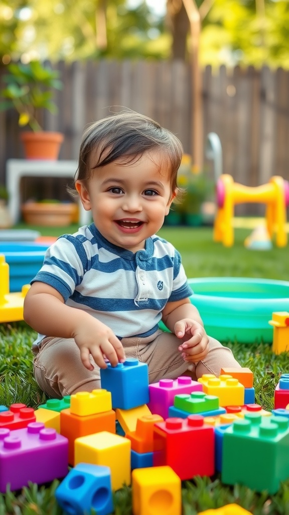 A toddler playing with colorful building blocks on a grassy lawn.