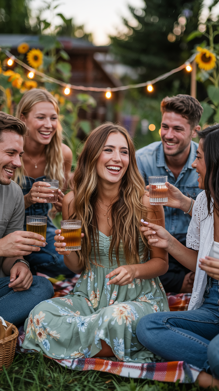 Group of friends sitting outdoors on a blanket, holding drinks and smiling, with sunflowers and string lights in the background.