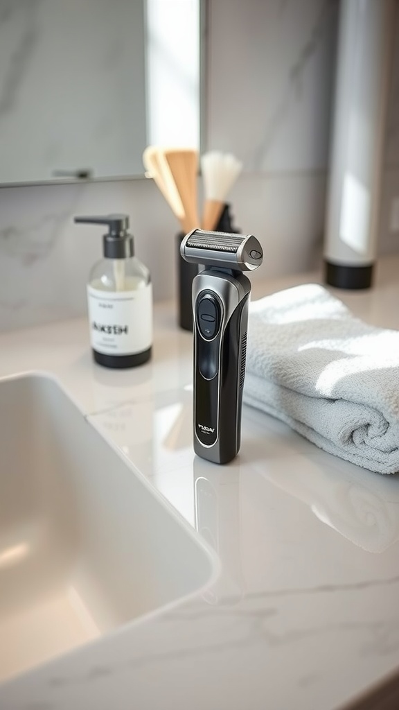 A sleek electric razor on a bathroom countertop next to a towel and grooming products.