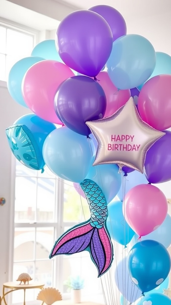 Colorful balloons for a mermaid birthday party, including a star-shaped 'Happy Birthday' balloon and a mermaid tail balloon.