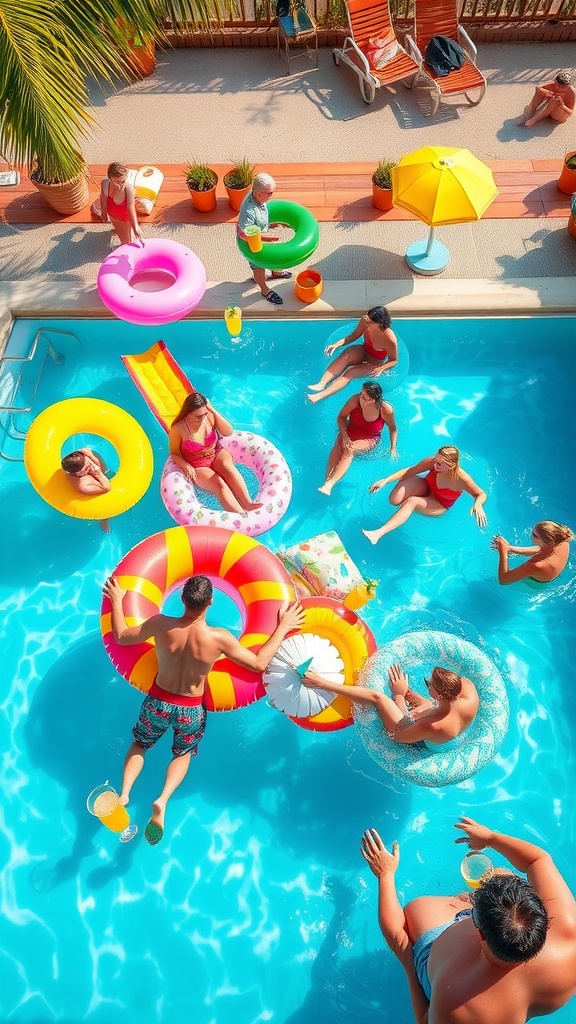 A vibrant pool party scene with people enjoying colorful floats, drinks, and lounging by the pool.