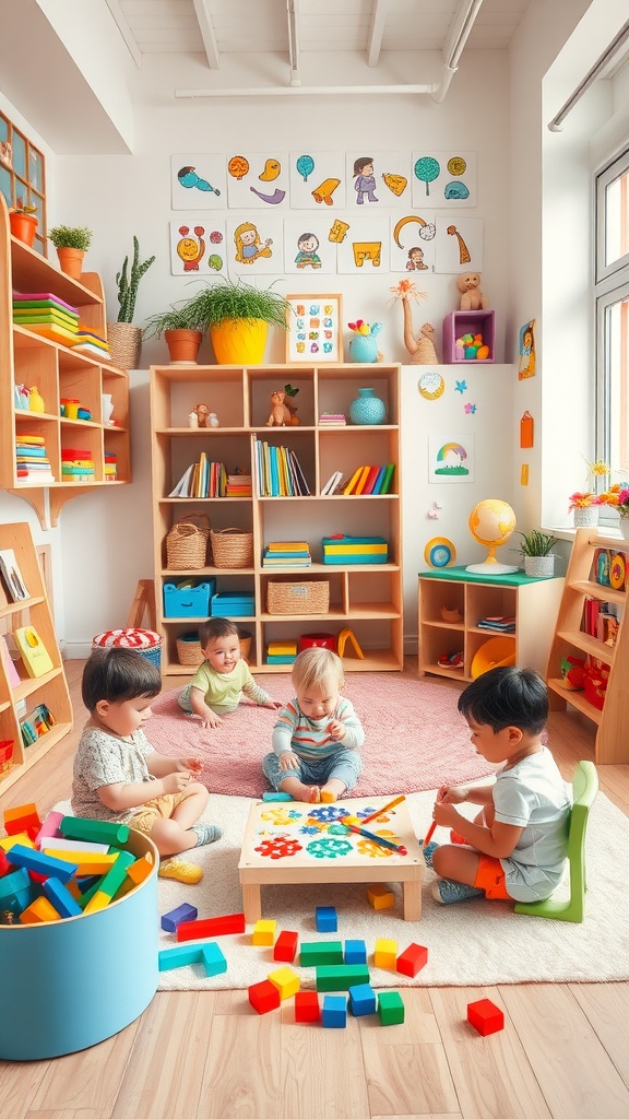 A group of toddlers playing with colorful blocks and art supplies in a cheerful indoor space.