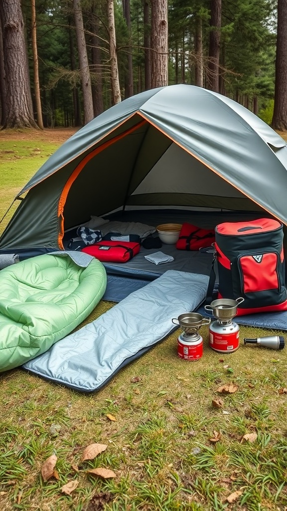 An organized camping scene featuring a tent, sleeping bags, and cooking gear.