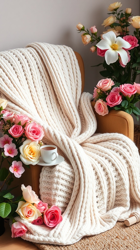 A cozy cream blanket draped over a chair, surrounded by colorful flowers and a cup of tea.