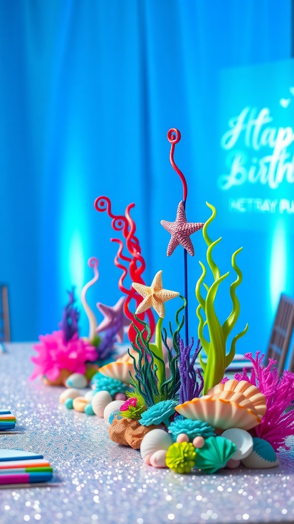 Colorful mermaid-themed centerpiece with starfish and shells