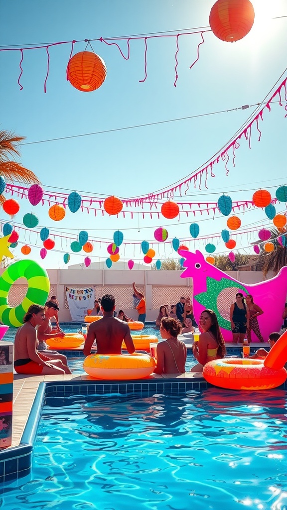 A vibrant pool party scene with neon decorations and floating inflatables.