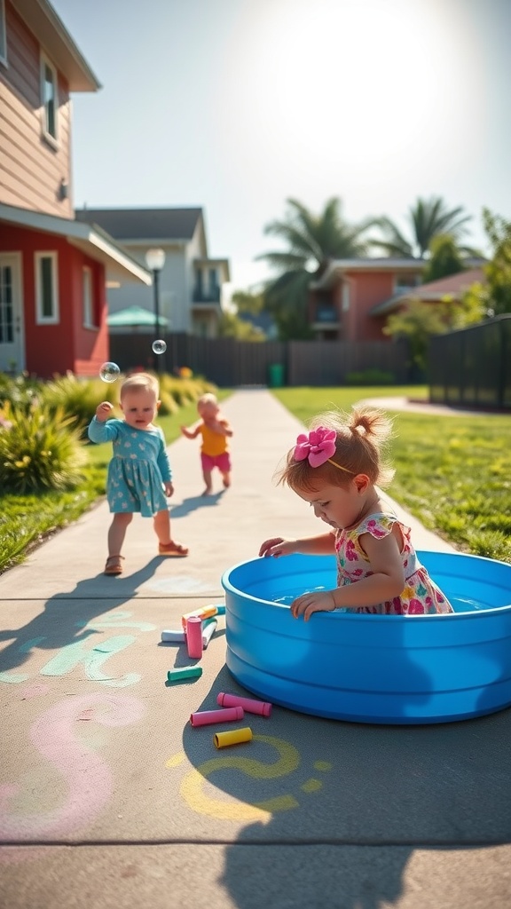 Toddlers enjoying summer activities with chalk and a small pool.