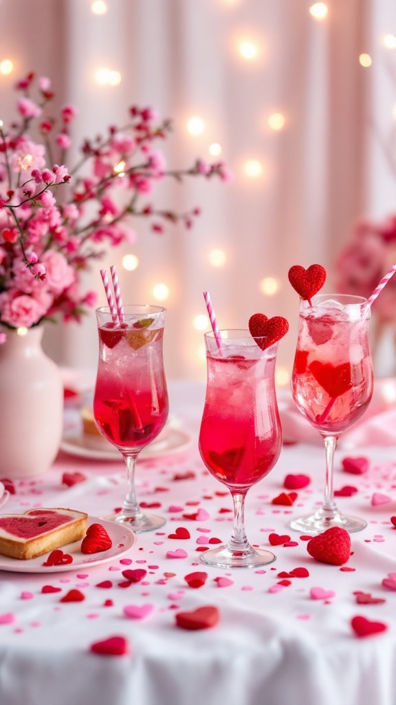 Three pink cocktails with heart decorations and striped straws on a table, surrounded by heart-shaped confetti and pink flower arrangements, with soft fairy lights in the background.