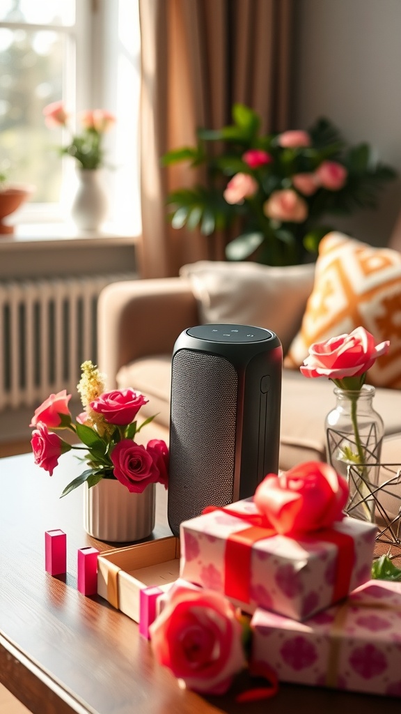 A Bluetooth speaker placed among flowers and gifts in a cozy living room setting