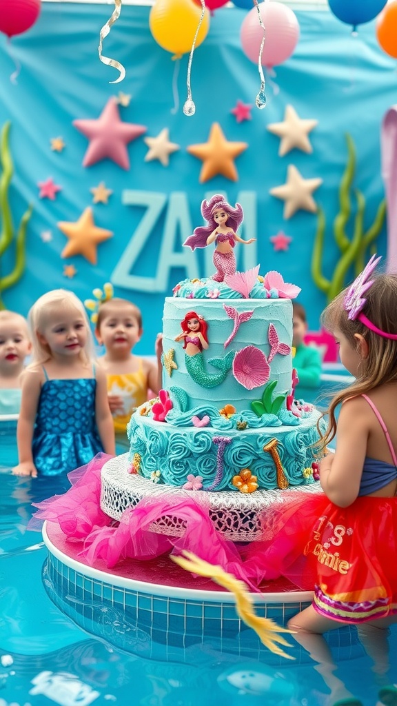 Children at a mermaid birthday party with a decorative cake and themed decorations.