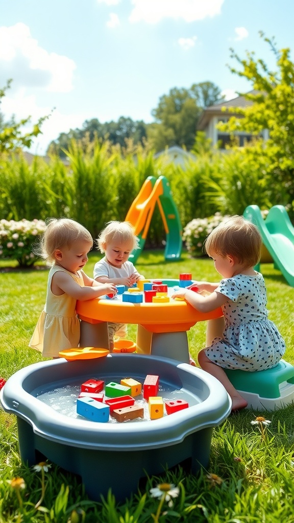 Three toddlers playing at a colorful outdoor play area with water and blocks.