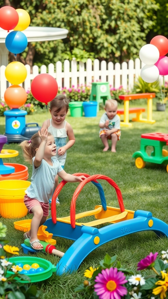 Toddlers playing games outside with colorful toys and balloons in a sunny backyard.