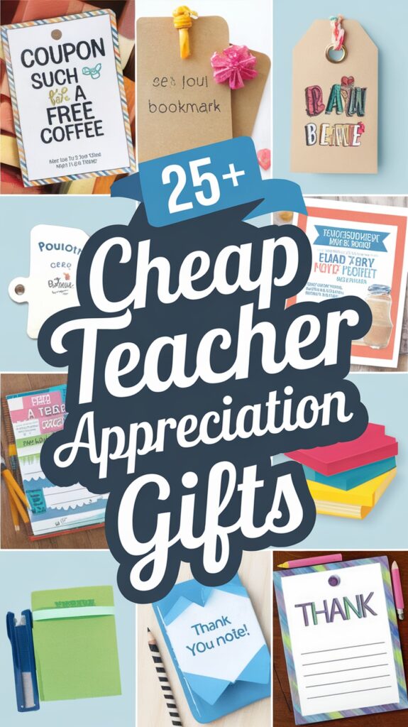 25+ Cheap Teacher Appreciation Gifts with images of various homemade and inexpensive gift ideas such as coupons, bookmarks, thank you notes, and stationery.
