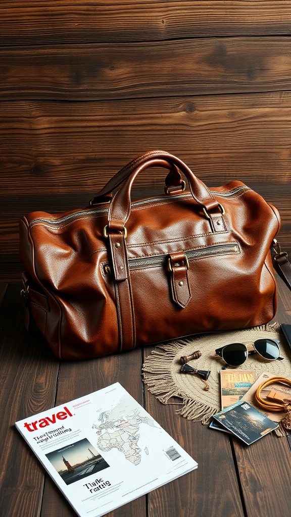 A stylish brown leather duffle bag on a wooden surface with travel magazines and sunglasses nearby.