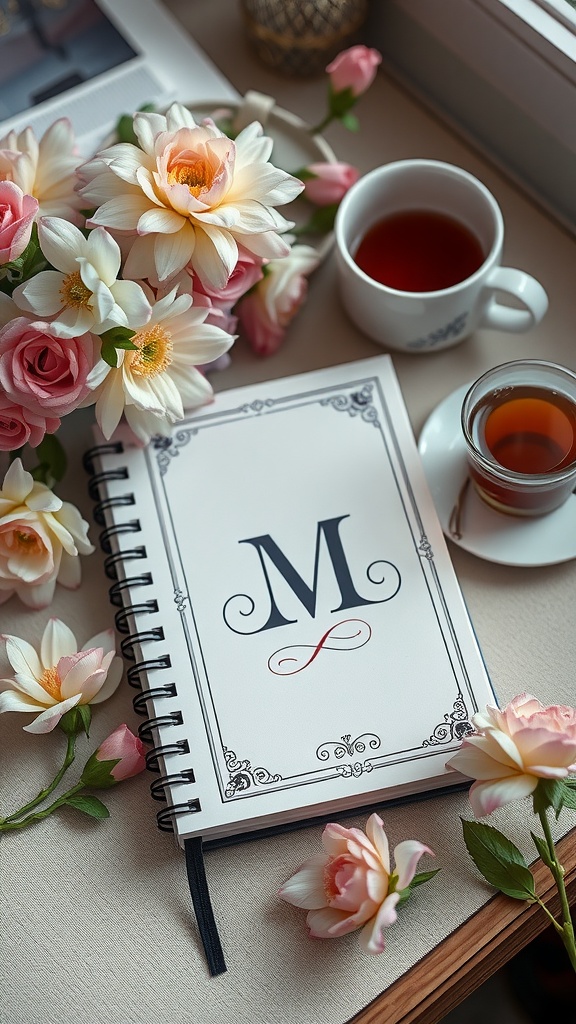 A beautiful monogrammed notebook with flowers and a cup of tea beside it.