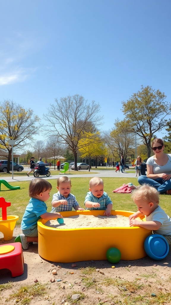 Toddlers playing in a sand box outdoors on a sunny day.