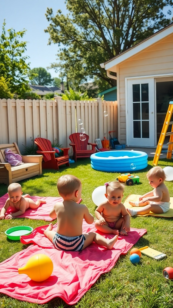 Toddlers playing in a sunny backyard with bubbles and toys.