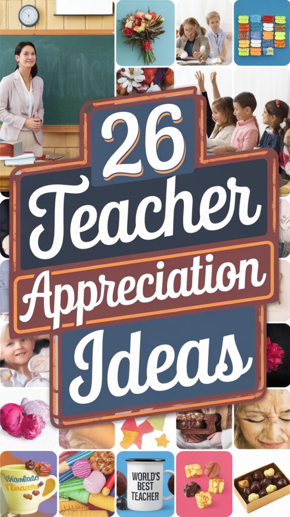 "26 Teacher Appreciation Ideas" text with images of teachers, students, gifts, and treats.